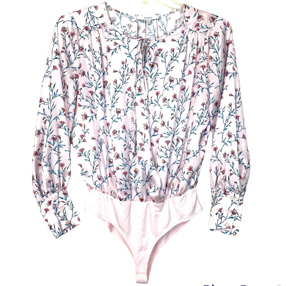 RO & DE Pink Floral Faux Wrap Satin Bodysuit Top Size: S